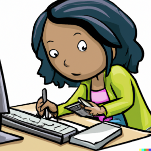  Cute Cartoon of a female writer outlining a novel on a computer with ChatGPT